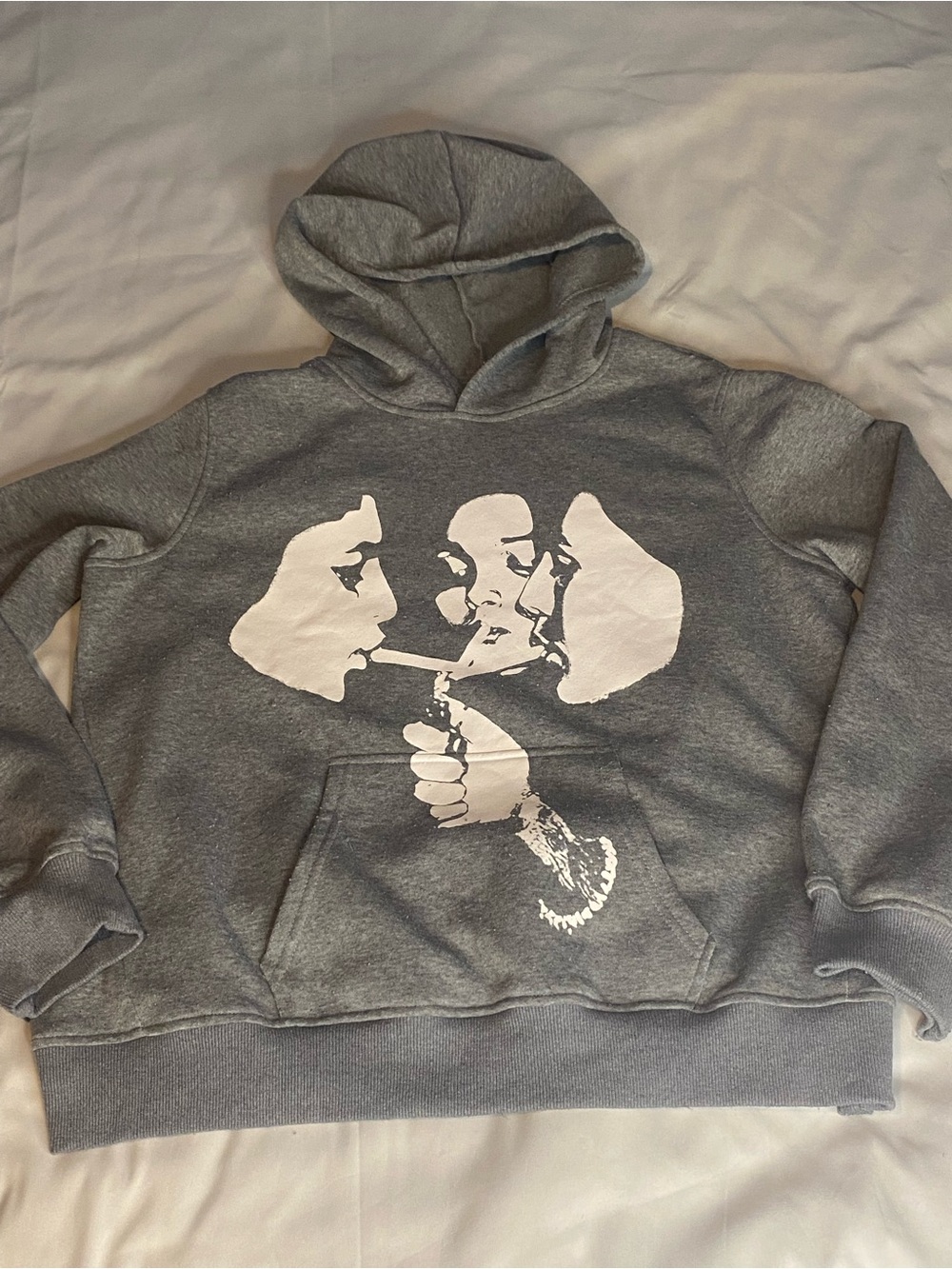 Gray Pullover Hoodie Sweatshirt Graphic Print Fleece Kangaroo Pocket